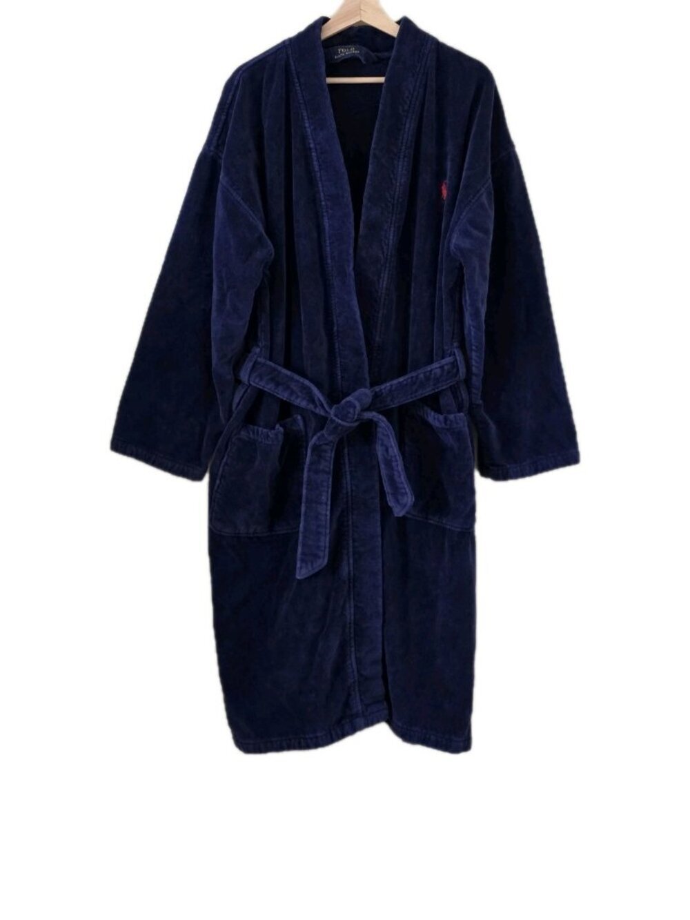 Polo Ralph Lauren Terry Cloth Robe Men S / M Navy Blue Red Pony Belt Lounge Bath